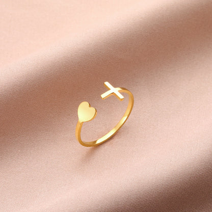 Faith & Love Adjustable Ring – Gold Plated Cross & Heart