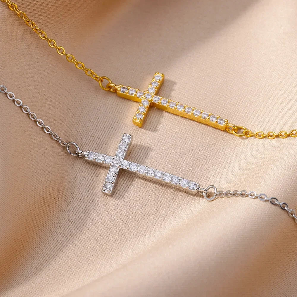 Elegant Cross Pendant Necklace – Gold & Silver with Sparkling Stones